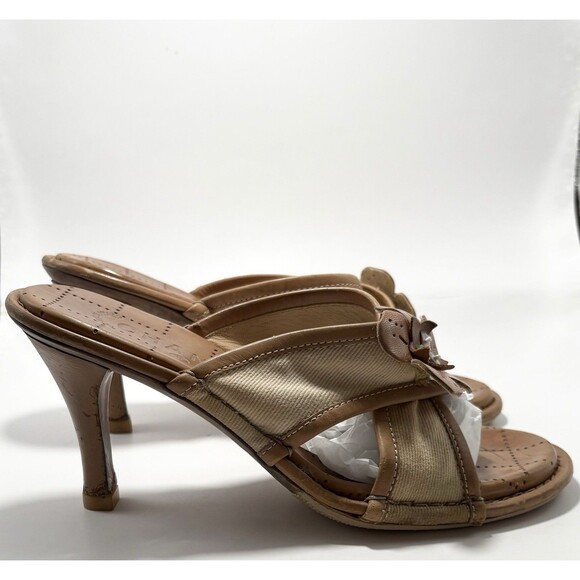 Chanel Camelia Heel Sandals Tan Fabric Leather w/ Blue Bead Accents Y2K Sz 37 7 - Picture 4 of 11